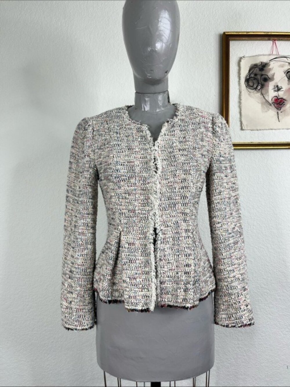 Rebecca Taylor Rainbow Tweed Evening Jacket Pleated Hook Eye Fringe Bracelet Sle